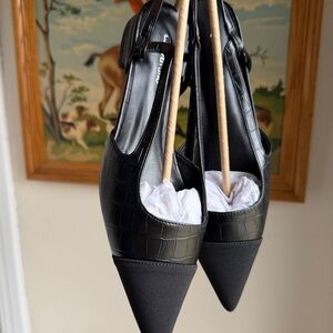 C.Paravano Black Croc Cap Toe Slingback Flats Minimalist Chic 8 NEW